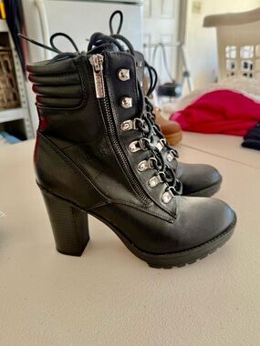 Guess Black Lace-Up Heeled Ankle Boots with Side Zipper